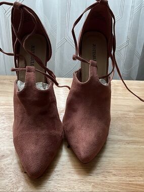 JustFab Rust Brown Suede Pointed Lace-Up Heels